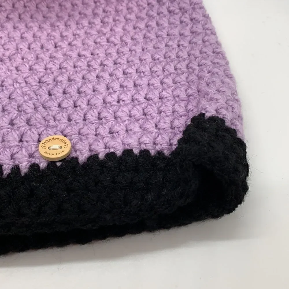 Hand made purple and black beanie cap tassel hat